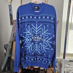 Hard rock casino blue snowflake ugly Christmas Sweater holiday festive 2XL Tulsa
